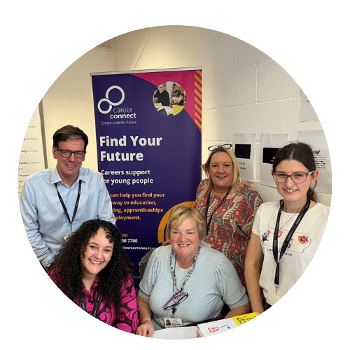 The LIverpool team at Careers Fest 2023. Five team members (four women, one man) look into the camera smiling, stodd behind a table. The purple banner behind them has the text: Find Your Future and a picture of a young person.